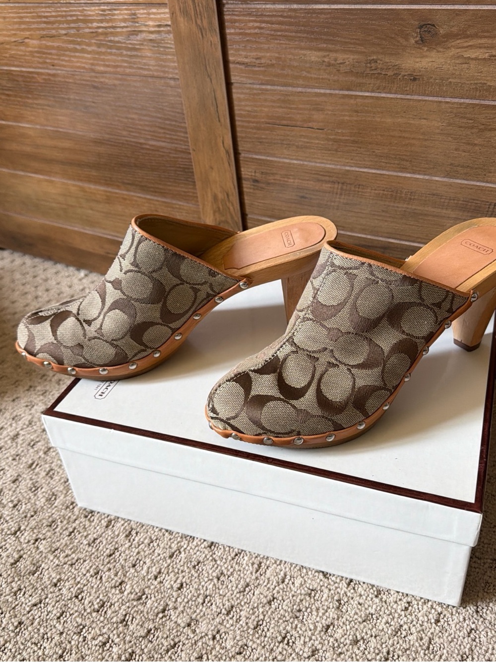 Coach Beige & Brown Signature Jacquard Clog Mules - Picture 4 of 7